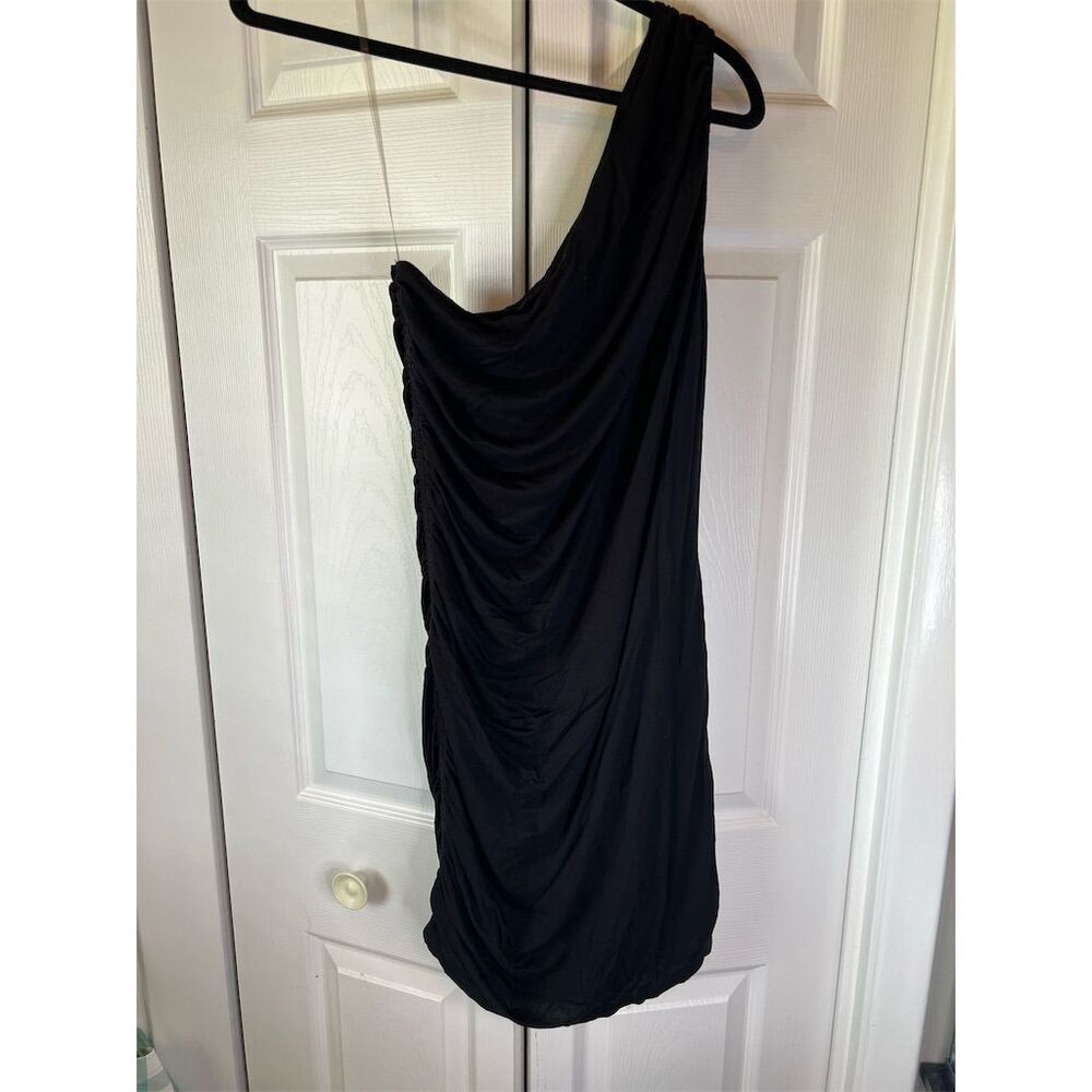 Elegant Black Ruched One Shoulder Knee Length Dress Size L Party Cocktai…